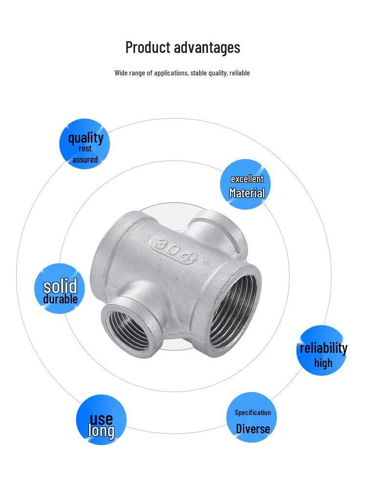 304 Stainless Steel 4-Way Reducing Tee with Inner Thread, 4-Point Pipe Fitting Cross Joint