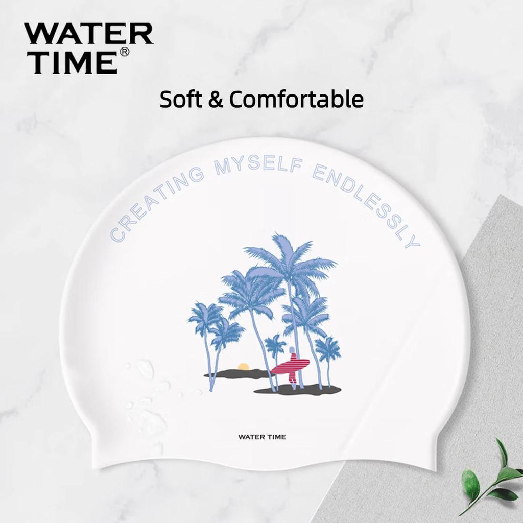WATERTIME Silicone Swimming Cap, Ear Protection, Chlorine-Resistant, Large Size for Long Hair, White