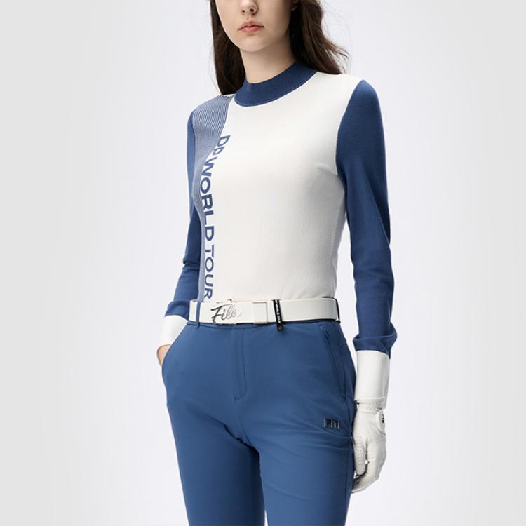 Fila Golf Series Striped Letter Long Sleeve Knit Top Women Tops Deep-Elegant-Blue A11W445407F-DB