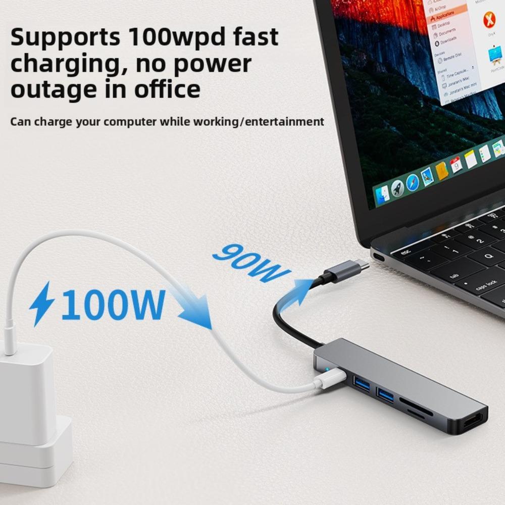 6 In 1 Type C Docking Station for Laptop Tablet Mac 4K HD Screen Extension Dock