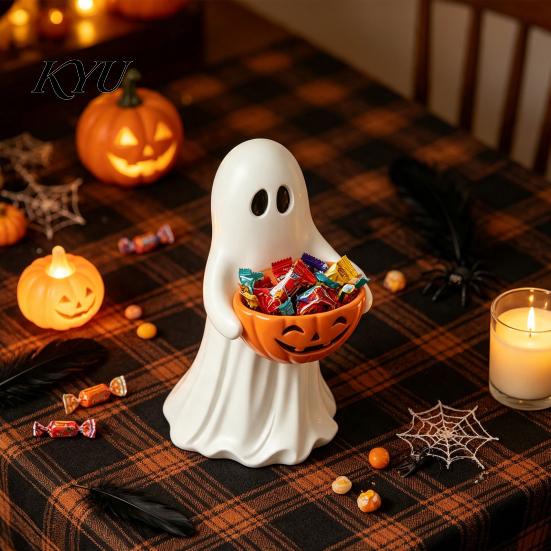 Festive Home Accents Halloween Ghost Figurine with Pumpkin Candy Bowl, Cute Resin Statue, Freestanding Vintage Style Ornament Trick or Treat
