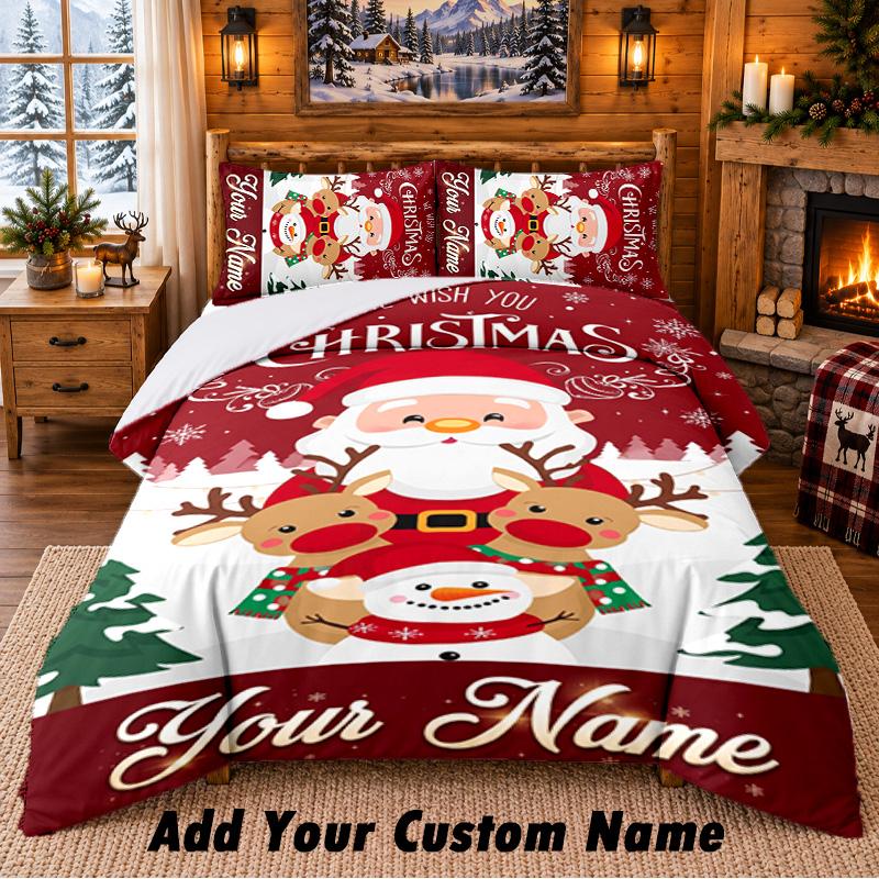 Christmas Custom Name Pattern Bedding 3Pcs Set Bed Sheet Pillowcases Indoor Bedroom Holiday Gift