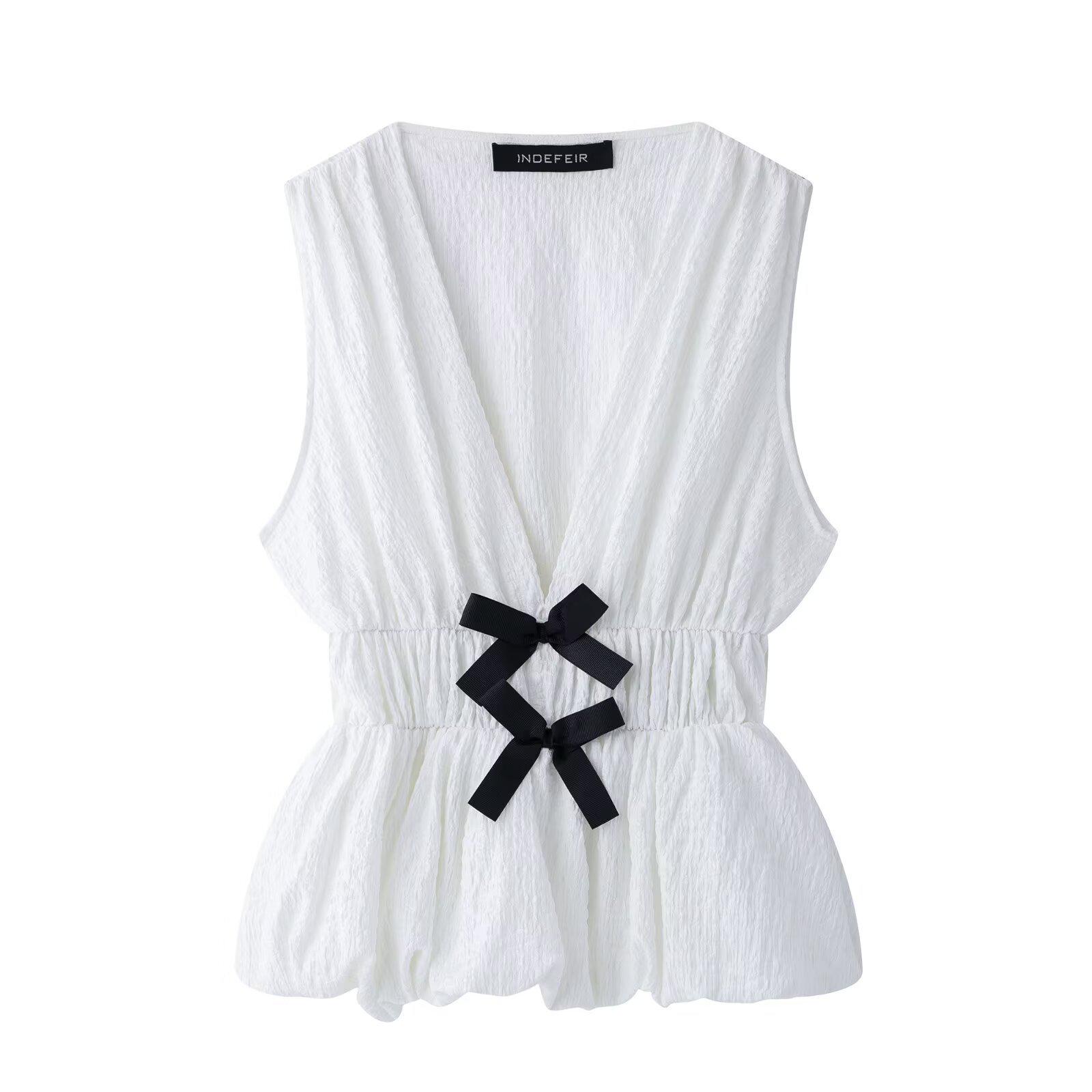 

Women s 2025 Early Spring Slim-fit Top with Bow-knot Detail Large белый