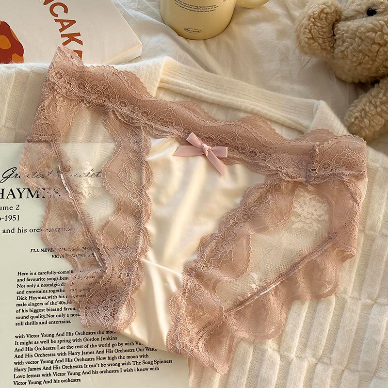 Female Summer Thin Sexy Lace Bow Pure Desire Satin Breathable High Split Low Waist Triangle Briefs