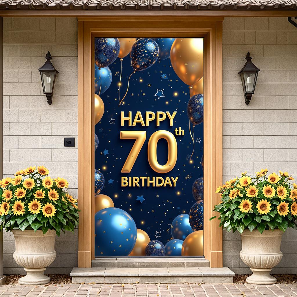 Happy 70th Birthday Banner Backdrop Black gold Birthday Party Decorations Photography Props Sparkle Balloon Background