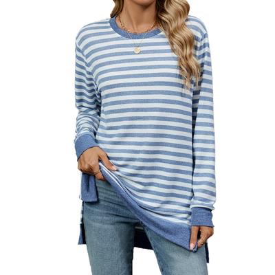 Autumn and Winter Women's Blouse Plus Size Striped Clashing Round Neck Long Sleeve Loose Top