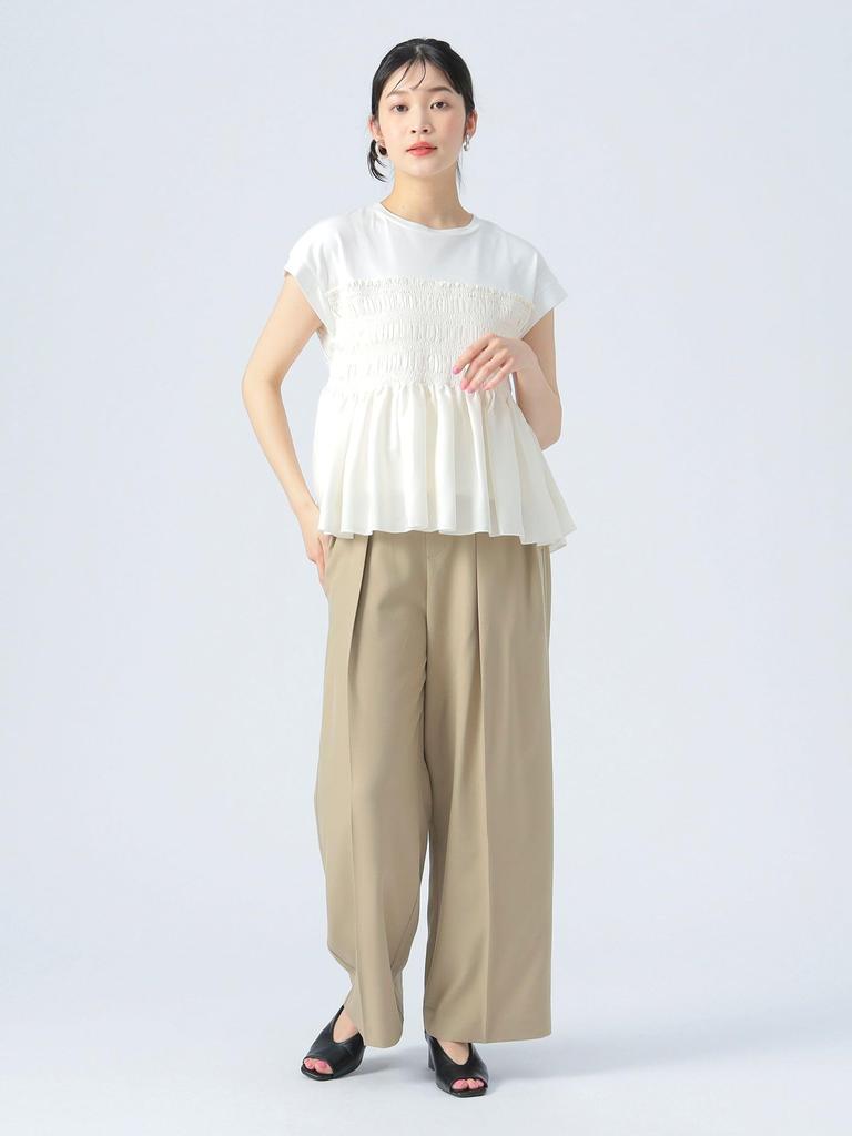 Beams Heart Mixed Material Shirred French Off One Size S/S Tee, Pullover, Women's, White,