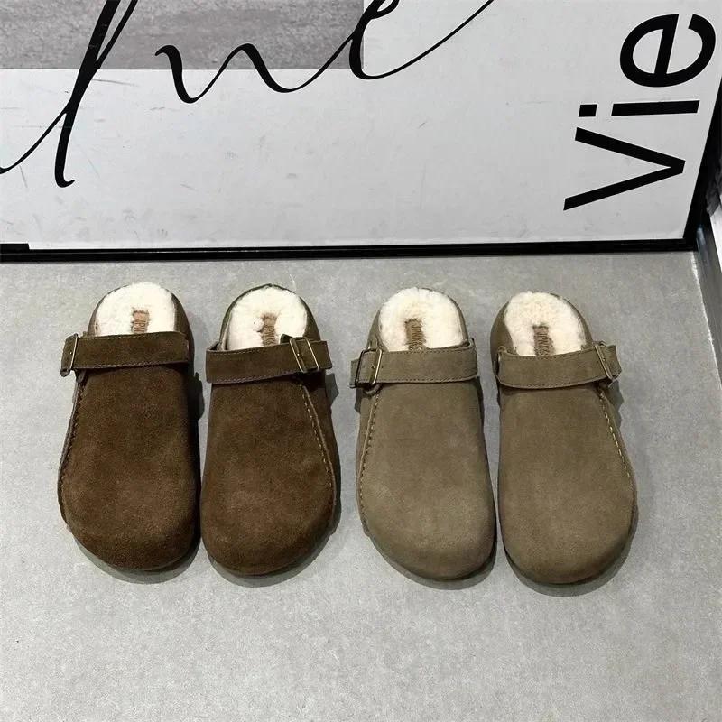 New Womens Home Slippers Comfortable Thick-soled Spring and Autumn Classic Suede Design Baotou Slippers Plush Mujer Zapatos