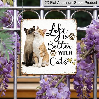 2D Flat - 1pc, Decoration for Cat Lovers, Cute Cat Quote Plaque, Vintage Aluminum Sign, Home Wall Decor, Warm Pet Decoration, Suitable for Bedroom