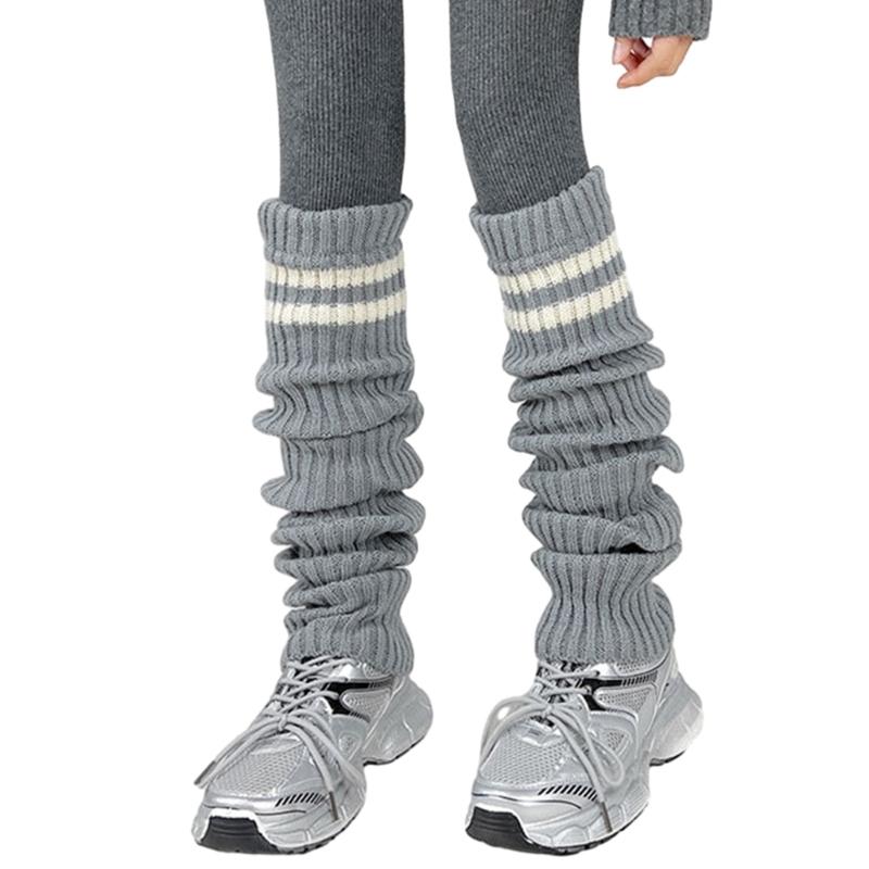 Women Thicken Ribbed Knit Leg Warmer Preppy Style Double Striped Leg Covers Snow Boot Cuffs Over Knee Stacked Long Socks