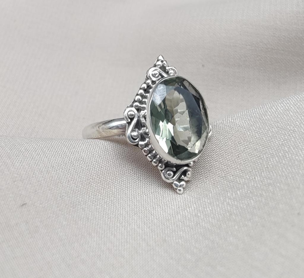 Green Amethyst 925 Sterling Silver Ring: Faceted Oval, Boho Statement Ring