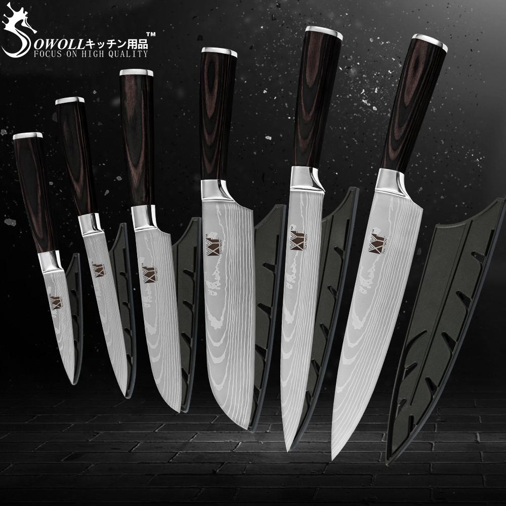 

Sowoll Кухонные ножи 3.5, 5, 5, 7, 8, 8 дюймов Японский стиль Кухонные инструменты Цвет Деревянная ручка 7Cr17 Ножи из нержавеющей стали 6шт Набор