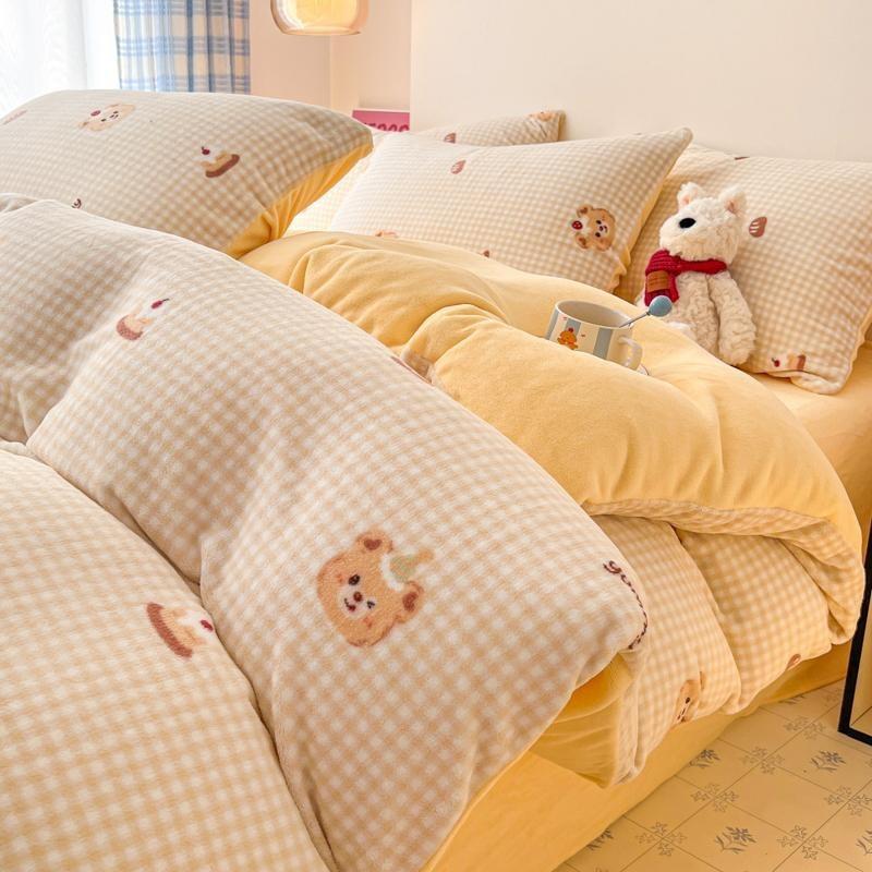 Thickened Milk Fleece Bed Four-Piece Set, Double-Sided Fleece Coral Fleece Quilt Cover, Bed Sheet Three-Piece Set