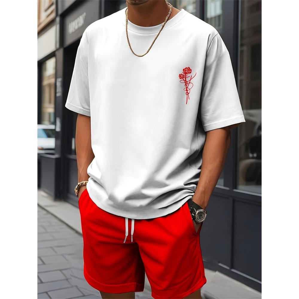 New Summer Plus Size Men's Two-piece Letter Print Pattern Fashion Short-sleeved Suit Street Men Loose Comfortable Shorts