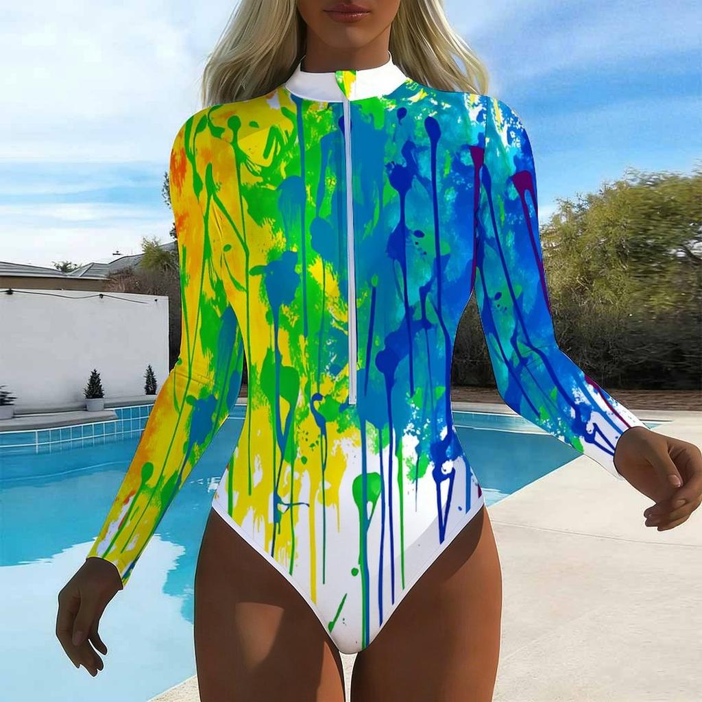Women Long Sleeve One Piece Swimsuit Zip Front Fluid Splashed Paint Print Rash Guard Surfing Bathing Suit