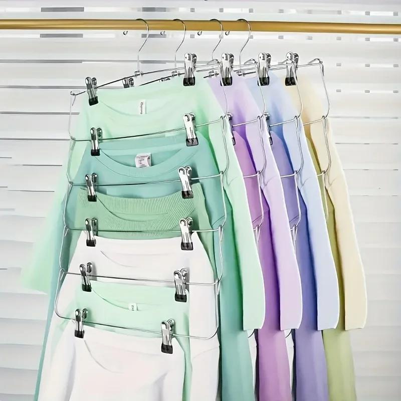 High Quality 6-Tier Metal Pants Hanger With Clips Space-Saving - Durable, Multi-Layer Storage For Skirts And Trousers, Black