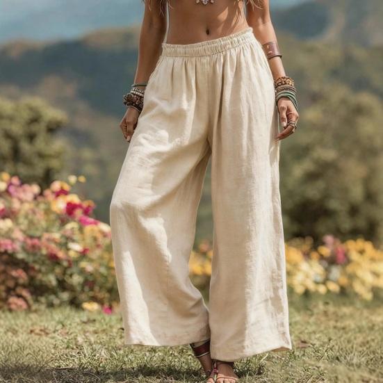 Pantalones de Mujer Color Sólido de Pierna Ancha con Cintura Elástica Primavera Otoño Casual Largos para Trabajo Viaje Uso Diario