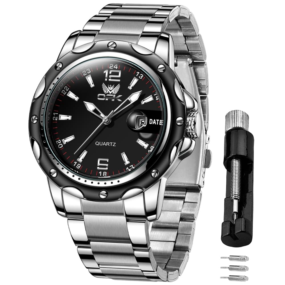 OPK Quartz Watch with Date Classic Stainless Steel Watch for or Office Black Men's Display, Waterproof, Luminous, Stylish, Easy-to-Read, Business,