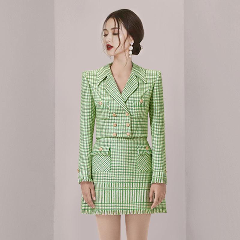 2024 Autumn/Winter Plaid Double-Breasted Short Top & A-Line Tassel Skirt Set