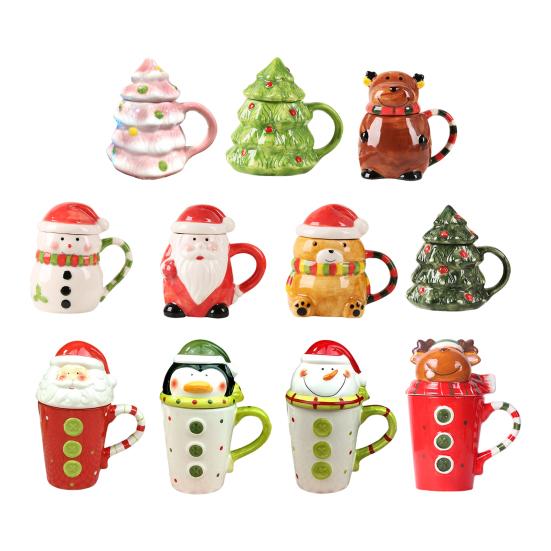 Kapaklı Noel Ağacı Kupa Büyük Kapasiteli Seramik Kahve Kupası Sıcak Soğuk İçecekler İçin Sevimli Noel Ağacı Kardan Adam Ayı Desenli Çok Yönlü İçecek Takımı