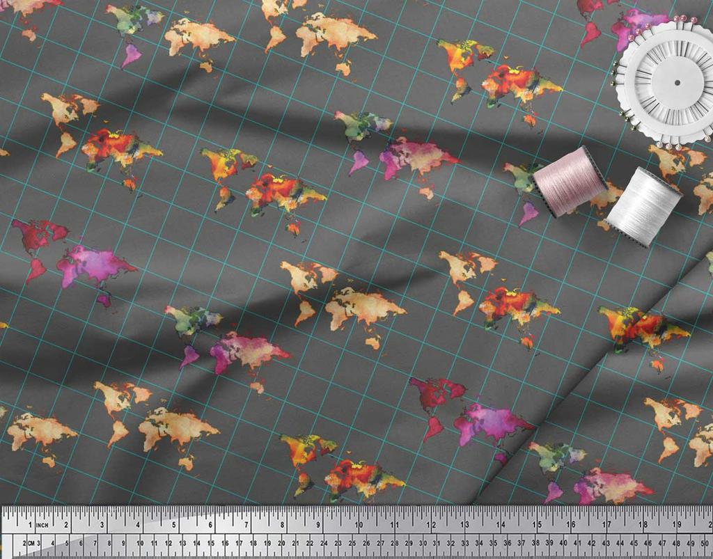 Soimoi Gray Japan Crepe Satin Fabric Check & World Map Print Sewing Fabric Metre 42 Inch