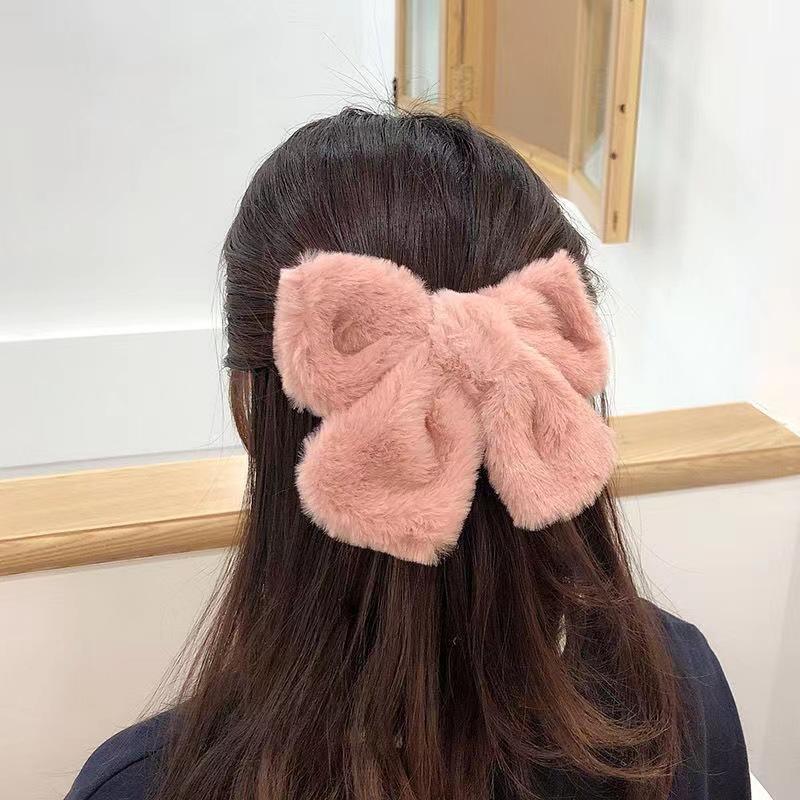 Nuova Pinza per Capelli con Fiocco in Peluche Carino Invernale, Pinzette a Fiocco Semplici Colorate Solide Coreane, Grande Fermaglio per Capelli per Bambine