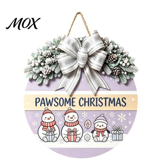 Festive Home Decoration Christmas Wooden Welcome Sign for Front Door, Round Hanging Ornament with Rustic Winter Wreath Artificial Pine Branches & Bow