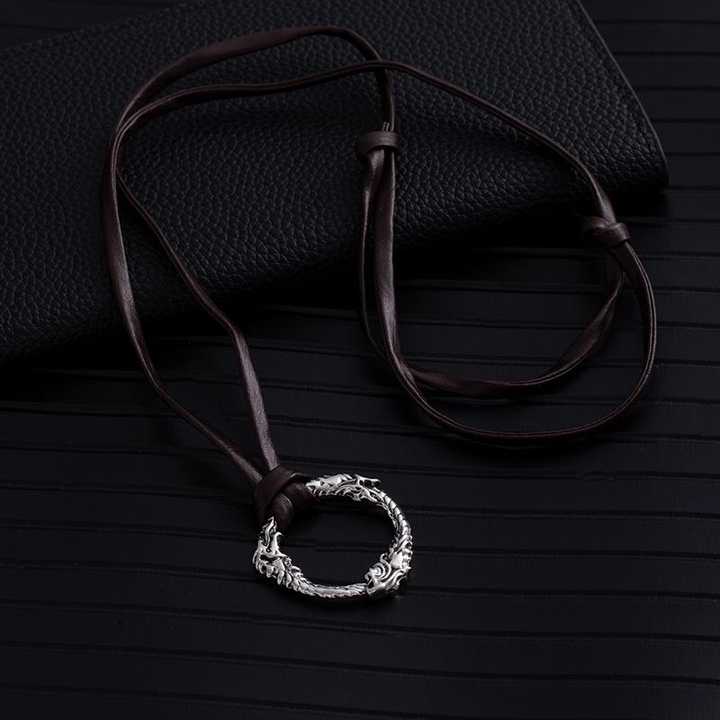 Game Merchandise Domineering Viking Eight-Character Dragon Leather Rope Necklace High-End Alloy Retro Trendy Cool Personality Men'S Neck Chain