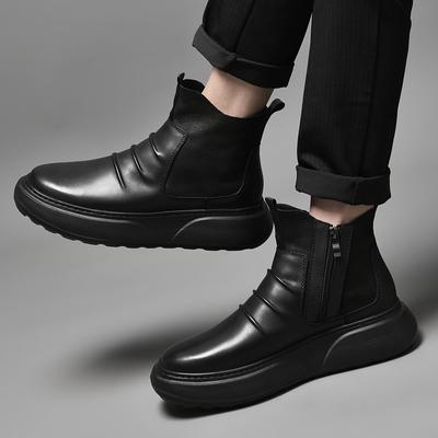 Fashion Brand Classic Black Side Zipper Winter Men's Outdoor Boots Fashion Warm Mid Top Cotton Shoe with Leather Top Layer Cowhide Boots