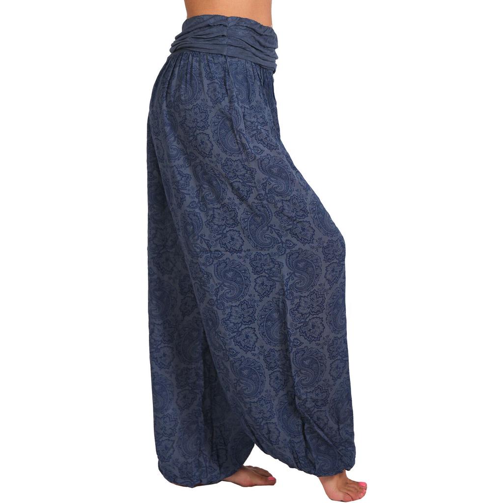 Women Casual Boho Print Pants Wide Leg Pants Loose Pocket Button Pants