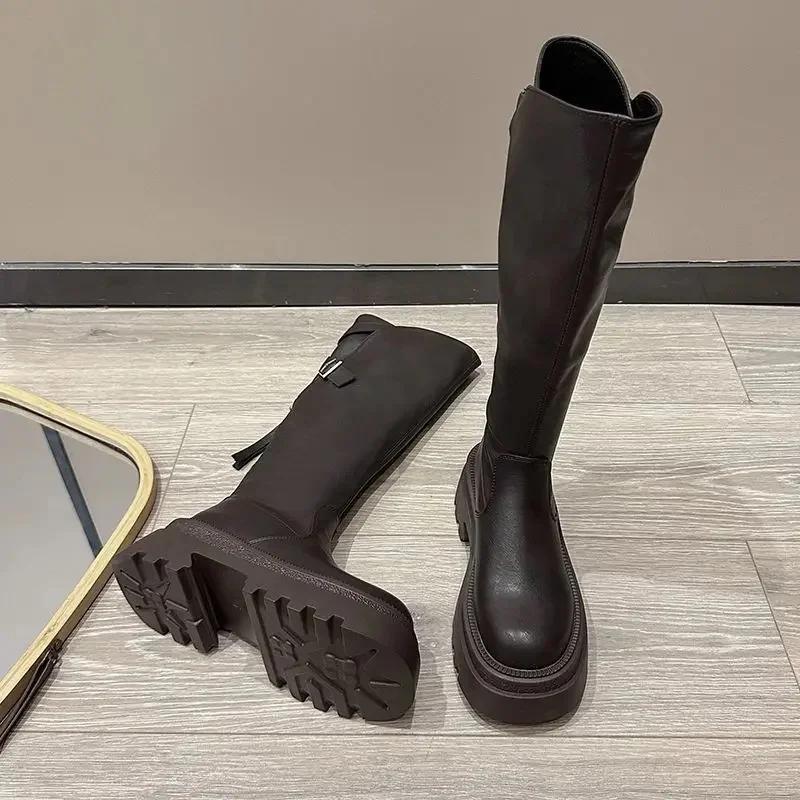 Brown Thick Heel Long Boots Women's Summer Versatile Slimming Over-Knee Boots Stylish Round Toe Rubber Outsole Pure Color