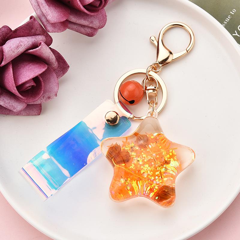 Korean Style Acrylic Quicksand Starfish & Seashell Keychain with Iridescent Laser Leather Cord