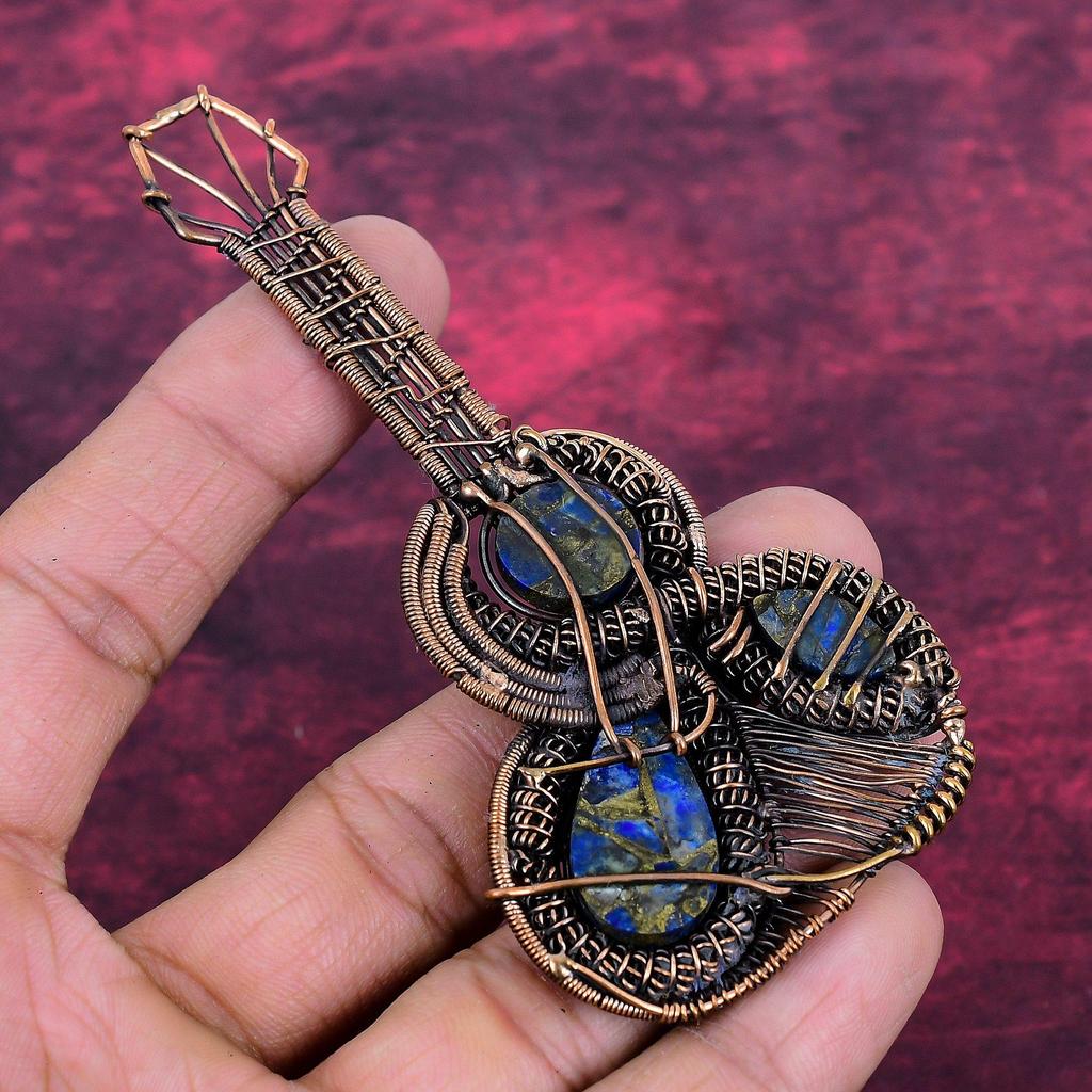 Copper Lapis Lazuli Pendant Guitar Gemstone Jewelry Copper Wire Wrapped Pendant
