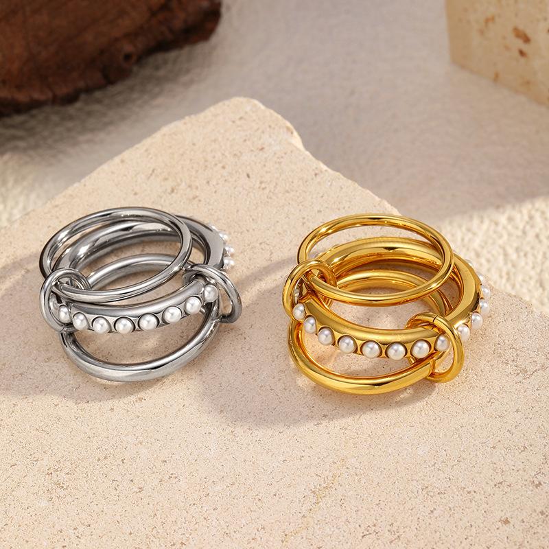European and American Stainless Steel Pearls Stacked with Titanium Steel Rings, High-end Ins Wind Light Luxury Rings, Stainless Steel Electroplating