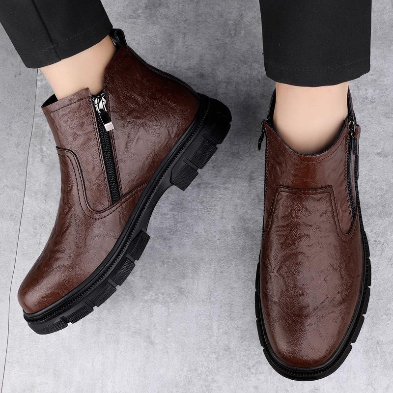 Men's British Style High-Top Leather Winter Boots with Velvet - Trendy Motorcycle Mid-Top Workwear.