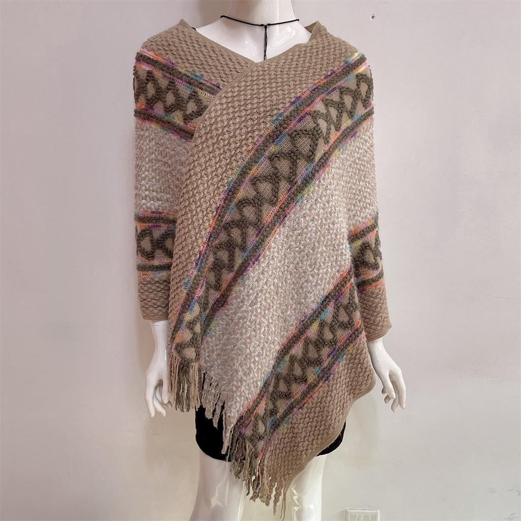 2022 Autumn/Winter Women's V-Neck Rainbow Tassel Cape Sweater