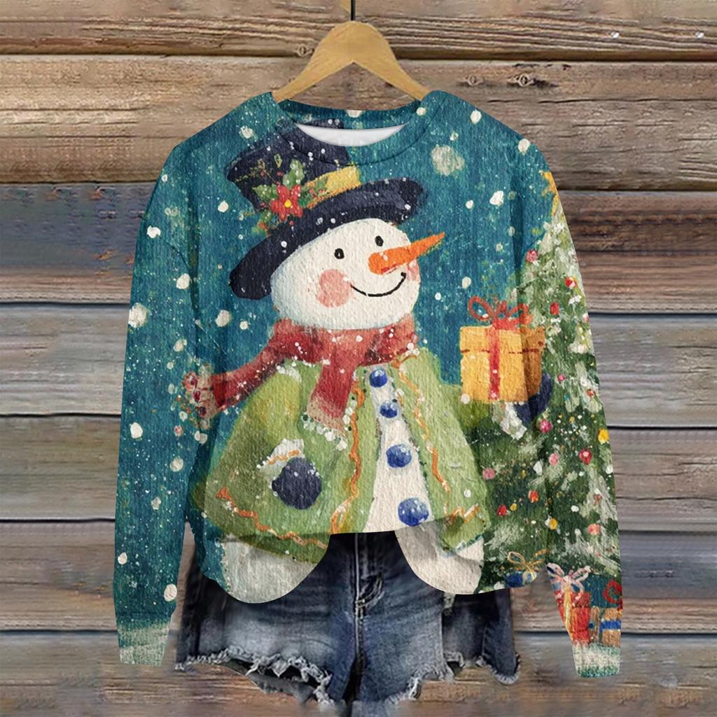 Ladies' Christmas Printed Long Sleeved Round Neck Hoodie Loose Top