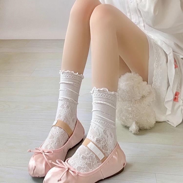 Women's White Lace Scrunch Mid-Calf Summer Socks - Mesh, JK Style, Ideal for Mary Jane Shoes