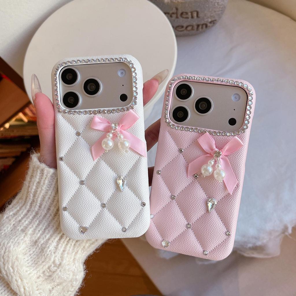 Luxury Quilted iPhone 13/14/15 Pro Max Case with Rhinestone Bow & Pearl