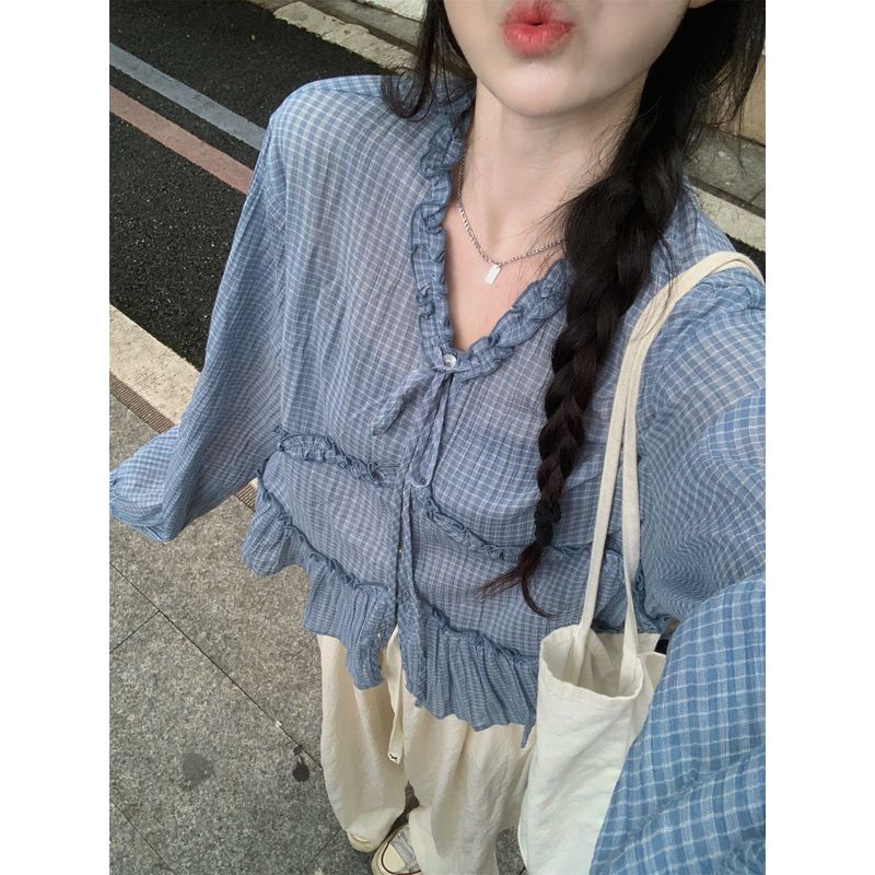 Kumikumi Design Sense Blue Plaid Lace-up Temperament Long Sleeve Shirts Women Autumn Loose Age-Reducing Versatile Top