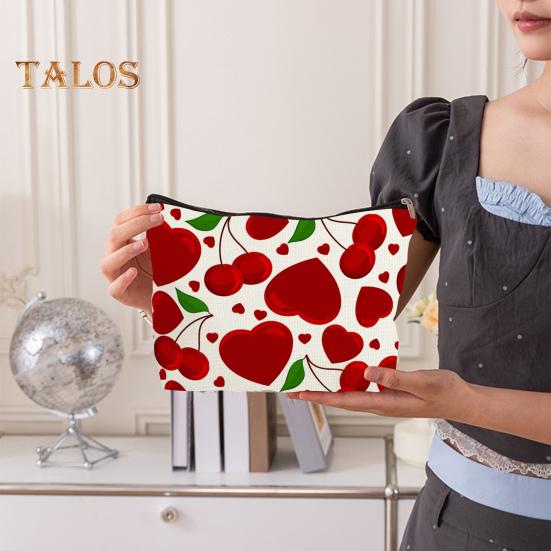 Cosmetic Storage Bag Heart And Cherrt Printing Contrast Color Makeup Organizer Zipper Closure Large Capacity Portable with Hanging Strap Beauty Bag