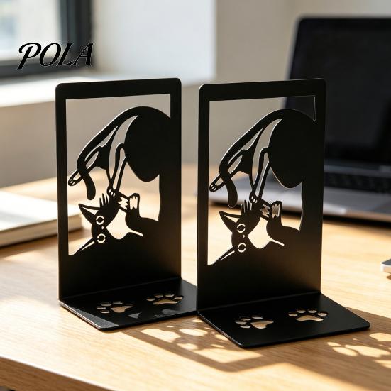 Desktop Bookend 1 Pair Metal Cat Book Ends, Cute Bookends for Shelves, Decorative L-shaped Heavy Duty Support Stopper Home Office Desk Bookshelf Decor
