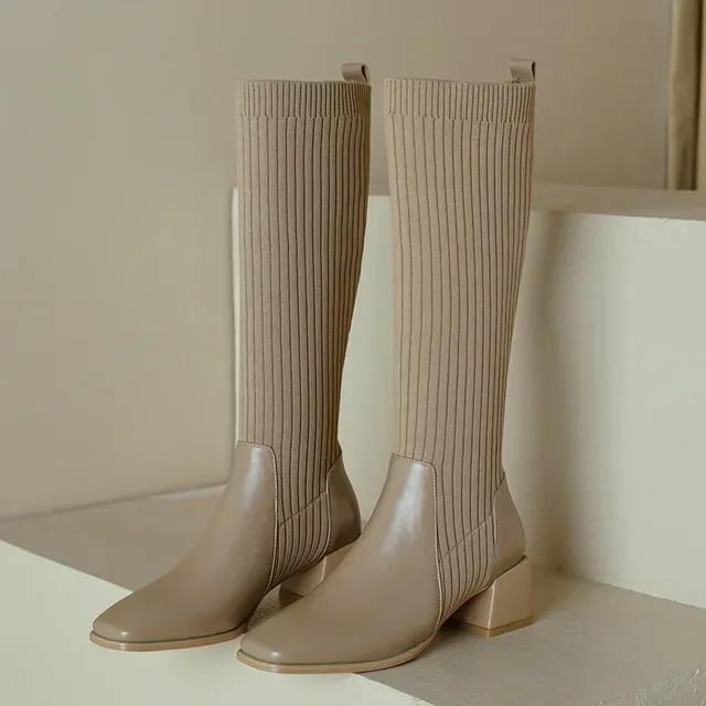 

Осенне-зимние новые вязаные сапоги для женщин, гольфы до колена, модные слипоны на высоком каблуке, ретро эластичные botas mujer 36 абрикосовый