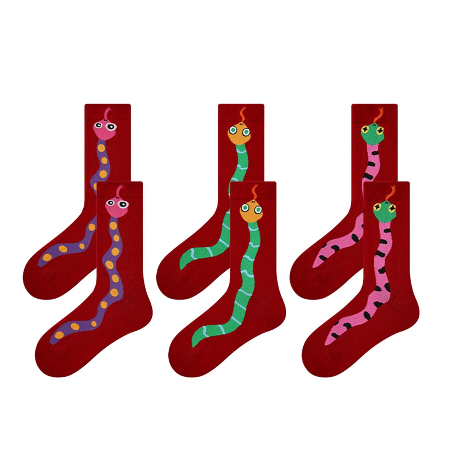 3 Pairs Auspicious Cotton Socks for Snake Zodiacs Year Women Chinese New Year Festival Cartoon Middle Tube Crew Socks