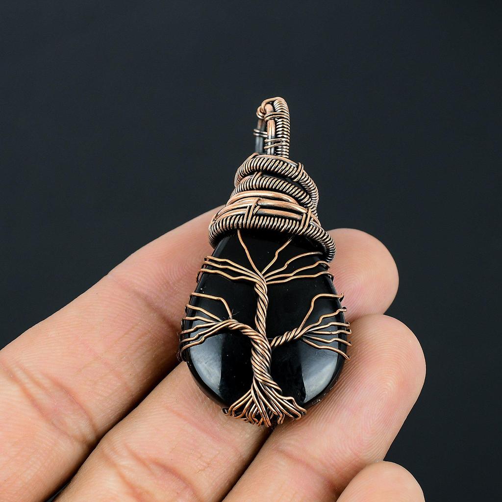 Black Obsidian Gemstone Handmade Pure Copper Wire Wrap Jewelry Pendant For Women