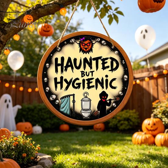 Unique Bathroom Wall Art Halloween Hanging Ornaments, Creative Ghost Wooden Gothic Style Home Decor Sign, Decorative Sign for Restroom Rustic Wood
