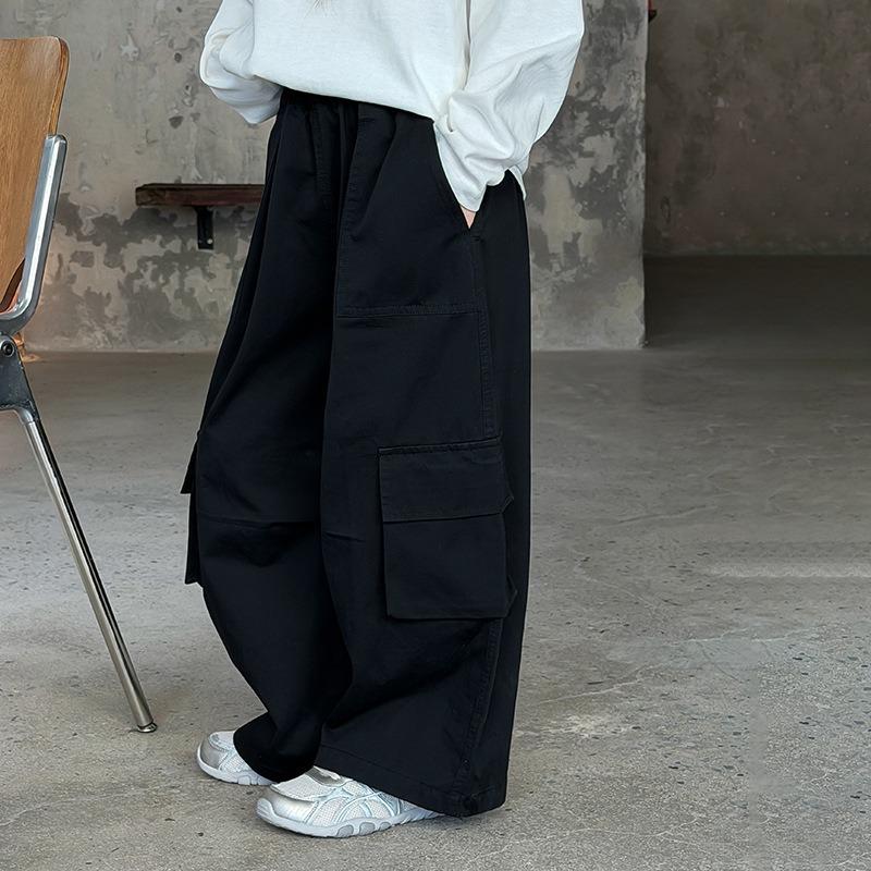 Korean Style Kids Casual Wide Leg Big Pocket Cargo Pants