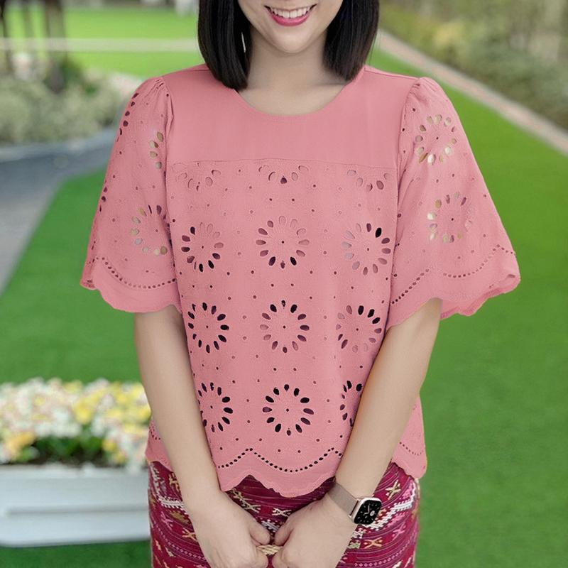 

ZANZEA Женская летняя повседневная блузка с круглым вырезом и короткими рукавами с ажурной отделкой розовый