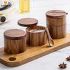 Acacia Wood Salt and Pepper Cellar with Magnetic Swivel Lid and Wood Spoon, Seasonings Container Holder for Spices Sugar Pepper