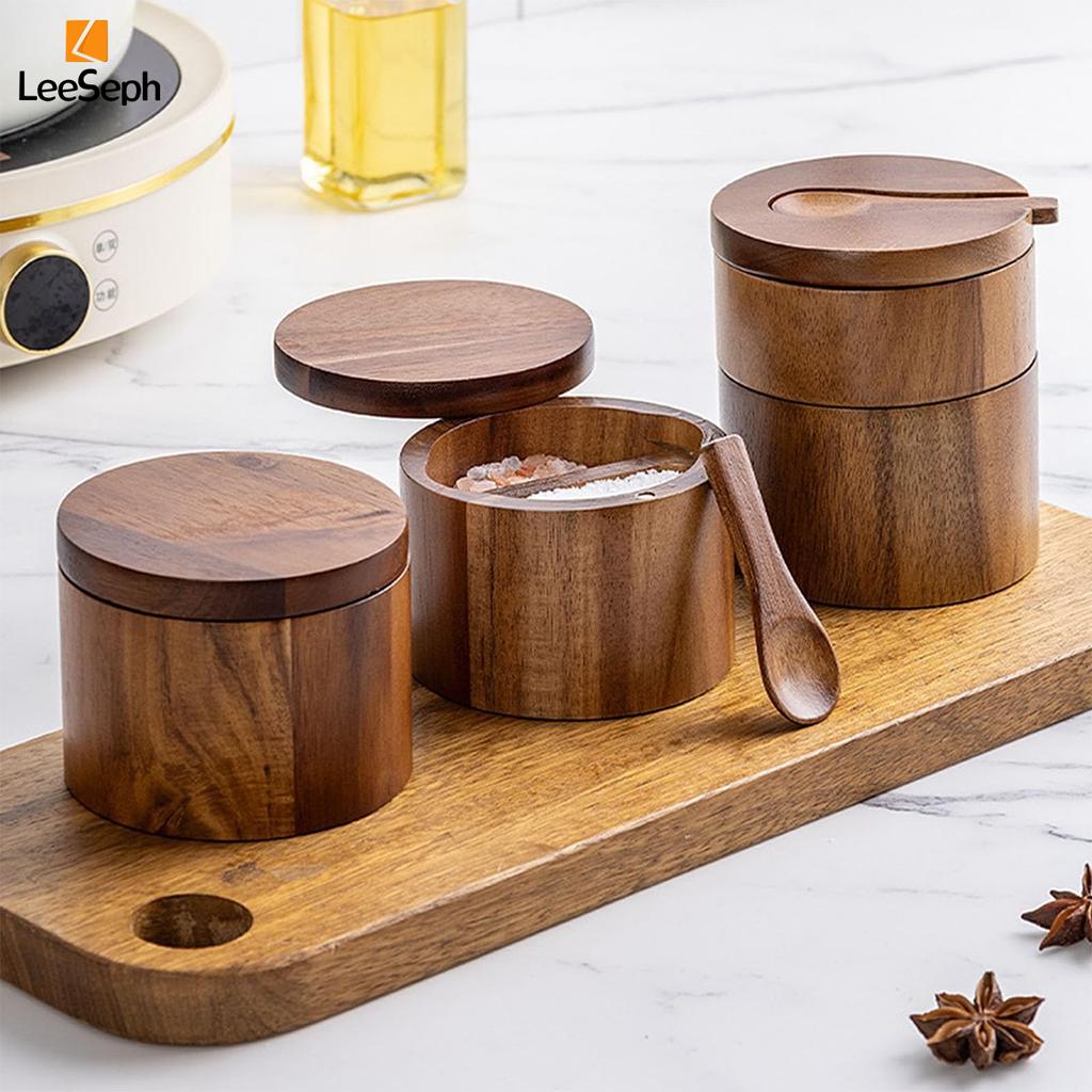 Acacia Wood Salt and Pepper Cellar with Magnetic Swivel Lid and Wood Spoon, Seasonings Container Holder for Spices Sugar Pepper